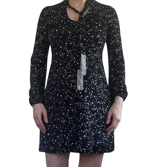 Michael Kors, black dress w blue/silver Star Foil pattern Chain Fringe tie, XS - Picture 2 of 9